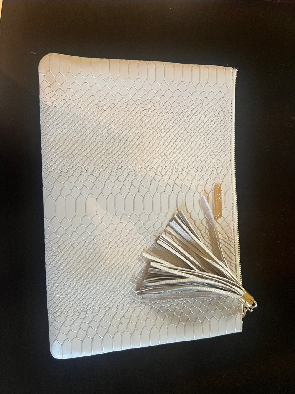 GiGi New York Cream Embossed Python Zip Pouch with Tassel